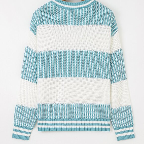 B328 Light Blue Two Tone Striped Patchwork Drop Shoulder Loose Sweater - Picture 6 of 6